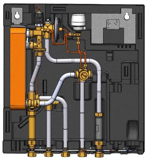 Diagramm einer Wohnungsstation von Danfoss mit verschiedenen Rohren und Ventilen, die für die Heizungs- und Wasserversorgung verwendet werden.